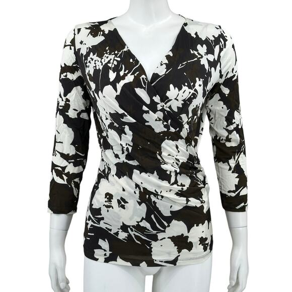 Max Mara Top Women Medium Abstract Floral Surplice Wrap Ruched Work Quiet Luxury - Picture 1 of 8